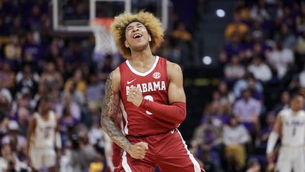Alabama Crimson Tide guard JD Davison (3) reacts after making a three point basket against the LSU Tigers during the first half at the Pete Maravich Assembly Center.